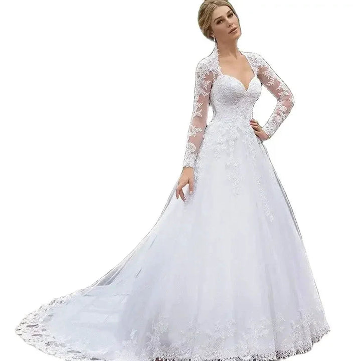 Vintage Italian white bridal dress Lace applique long sleeve tulle sweetheart Sweep Train Saudi Arabian trouw jurken dames by payinti