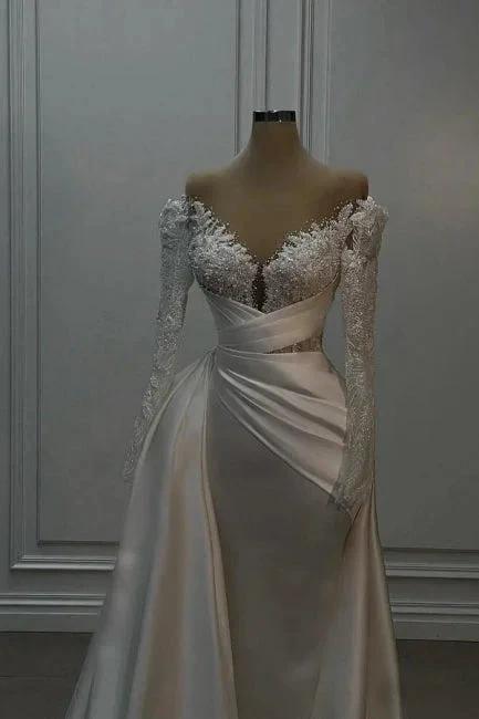 Vintage Long White A-line Off-the-shoulder Lace Beading Wedding Dress with Long Sleeves by misshow.com
