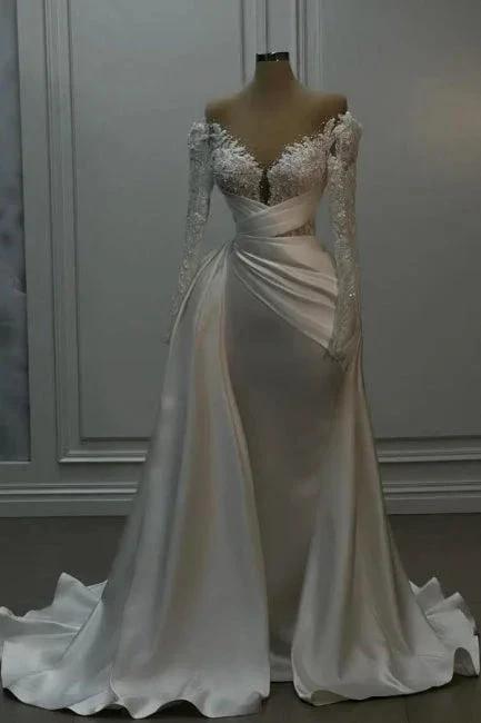 Vintage Long White A-line Off-the-shoulder Lace Beading Wedding Dress with Long Sleeves by misshow.com