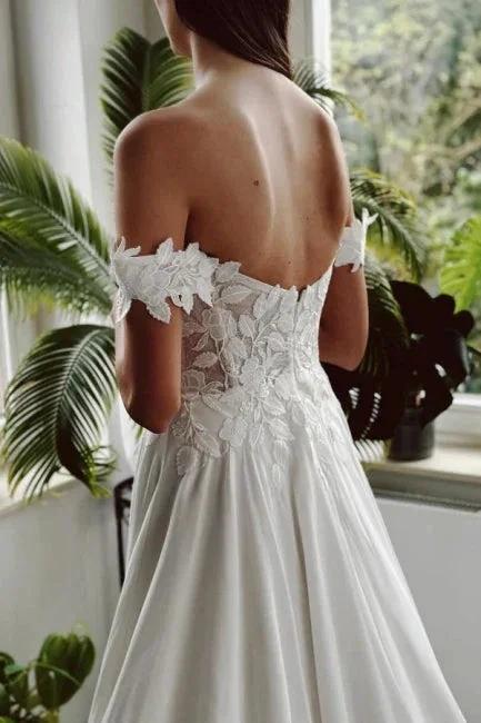 Vintage Long White A-line Off-the-shoulder Wedding Dress with Slit by misshow.com