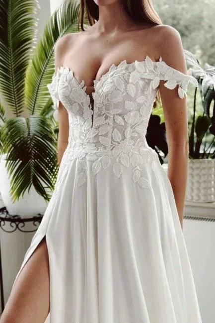 Vintage Long White A-line Off-the-shoulder Wedding Dress with Slit by misshow.com