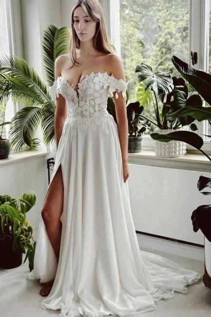 Vintage Long White A-line Off-the-shoulder Wedding Dress with Slit by misshow.com