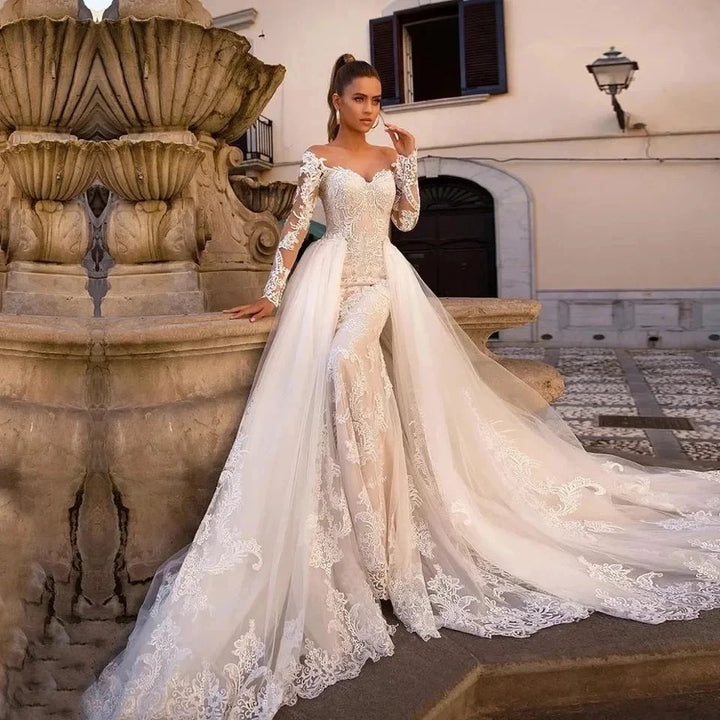 Vintage Mermaid Wedding Dresses With Detachable Train Long Sleeves Applique Beach Vestidos De Novia Summer Boho Bridal Gowns by payinti