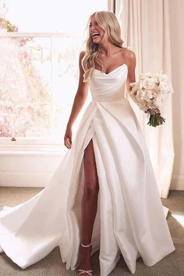 Vintage A Line Ivory Satin Beach Wedding Dress With Side Slit WD643 by pgmdress