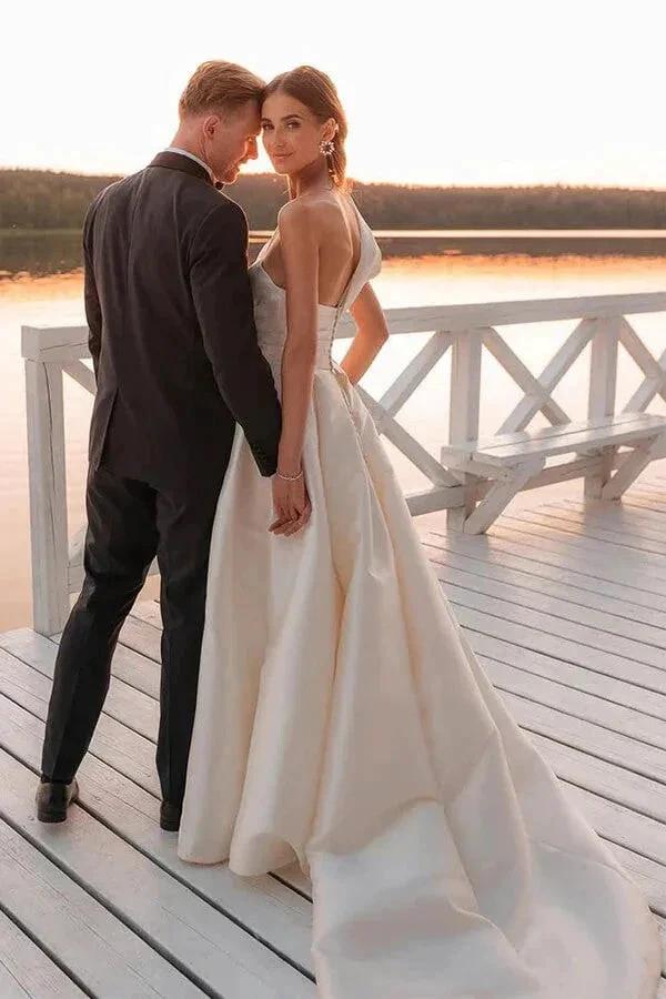Vintage Wedding Dress One Shoulder Bridal Gown With Court Train WD729 by pgmdress