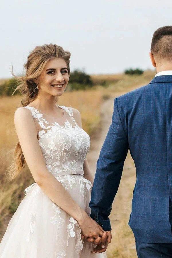 Vintage Lace Scoop Neckline A Line Tulle Wedding Bridal Dress WD531 by pgmdress
