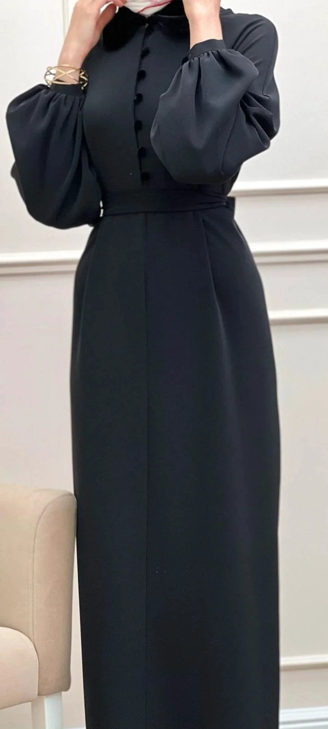 Elegant black long-sleeve maxi dress with button front from ZAPDRESS, shown indoors