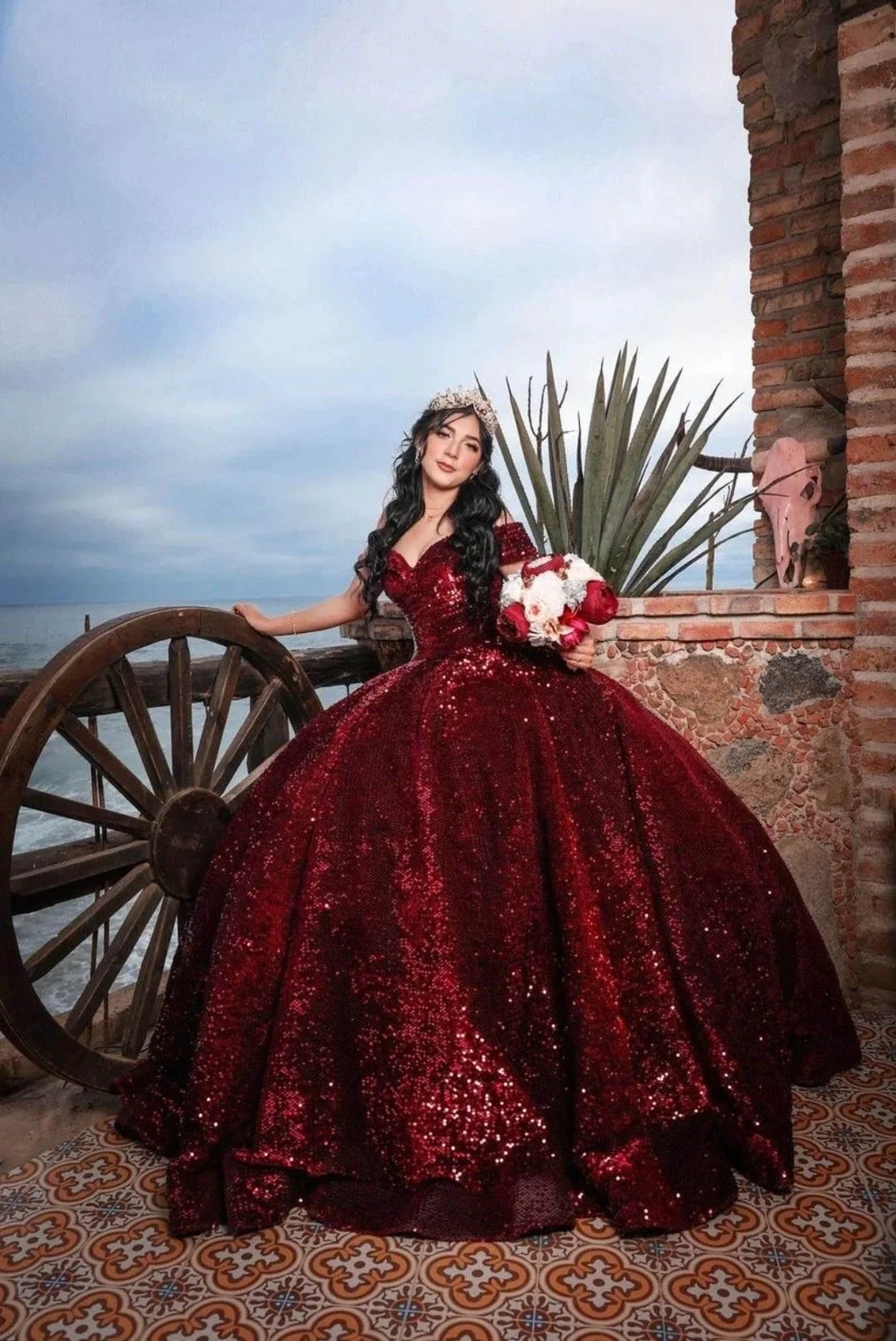 Off The Shoulder Burgundy Sequins Ball Gown,Sweet 16 Dress,Quinceanera Dress Y2203 by simplepromdress