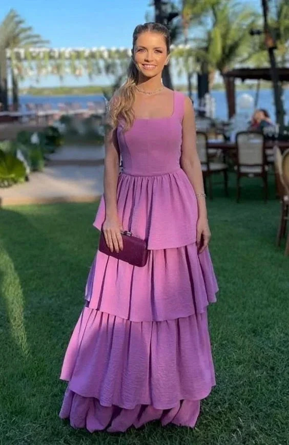 A Line Purple Prom Dresses,Tiered Stretch Satin Evening Dress Y4056 by simplepromdress