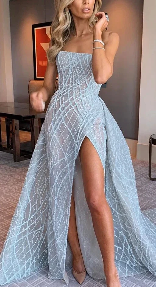 Celia | A-line Strapless Blue Long Prom Dresses Unique Evening Dress by KissProm