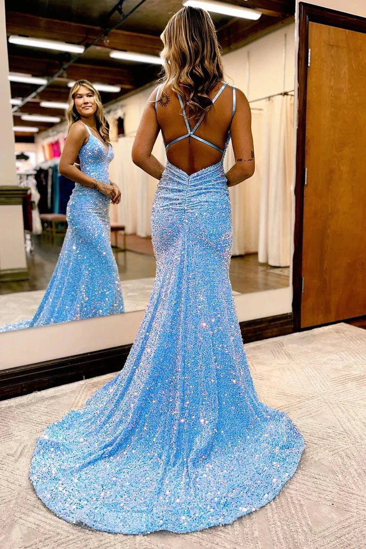 Maddison |Sparkly Blue Mermaid Sequins Long Backless Prom Dress by KissProm