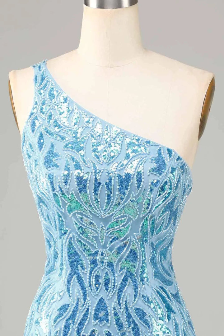 Blue Sheath One Shoulder Sequins Short Homecoming Dress by WEDTREND