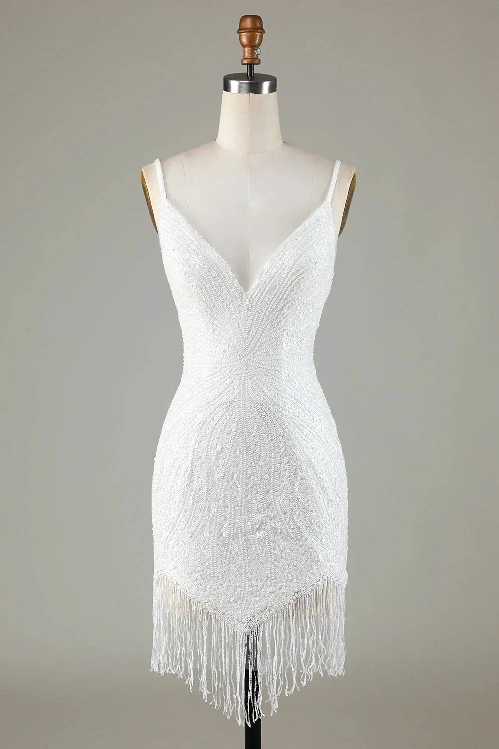 Sparkly White Lace-Up Back Beaded Short Homecoming Dress with Tassel by WEDTREND