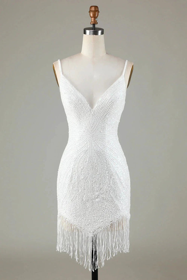Sparkly White Lace-Up Back Beaded Short Homecoming Dress with Tassel by WEDTREND