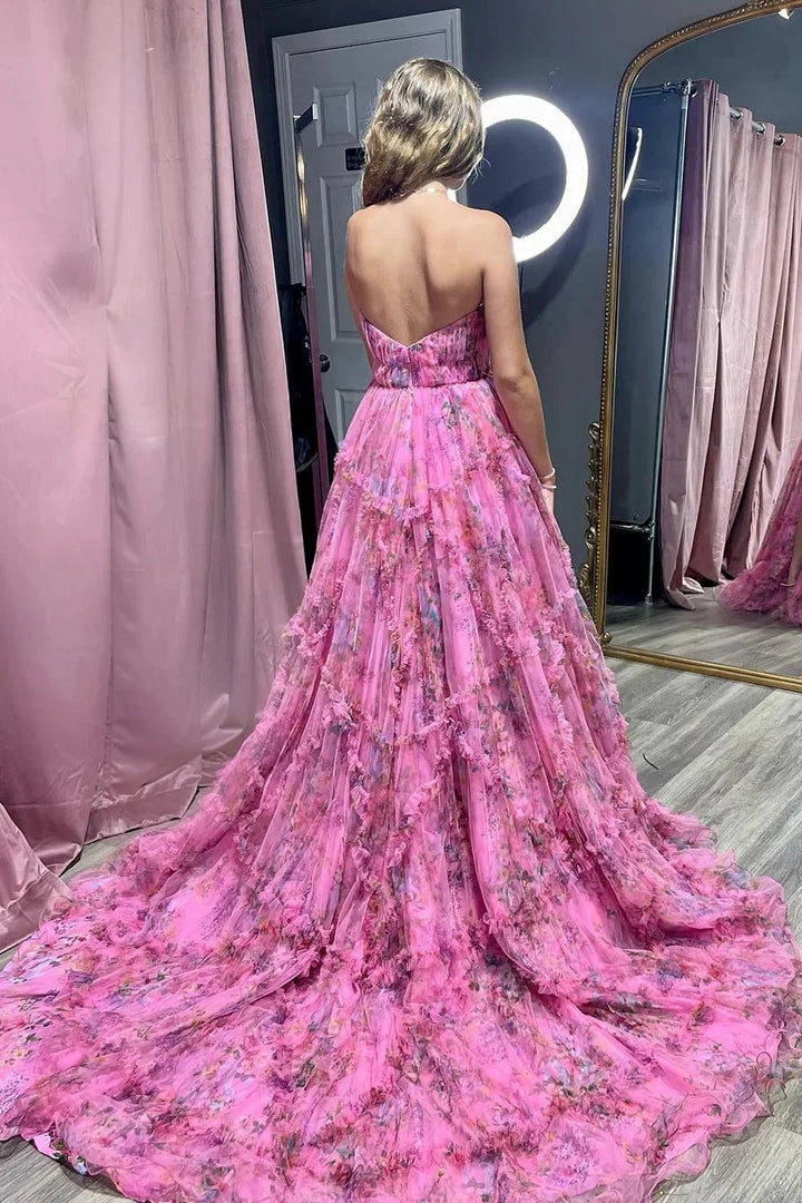 Izabella |A-Line Sweetheart Floral Printed Tulle Prom Dress with Slit by KissProm