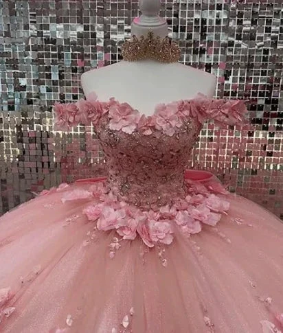 Pink Off Shoulder Ball Gown Quinceanera Dresses 3D Appliques Corset Dress Y6791 by simplepromdress