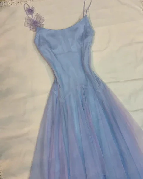 Lilac Tulle A Line Party Dress Straps Homecoming Dress With Flowers Y8143 by simplepromdress