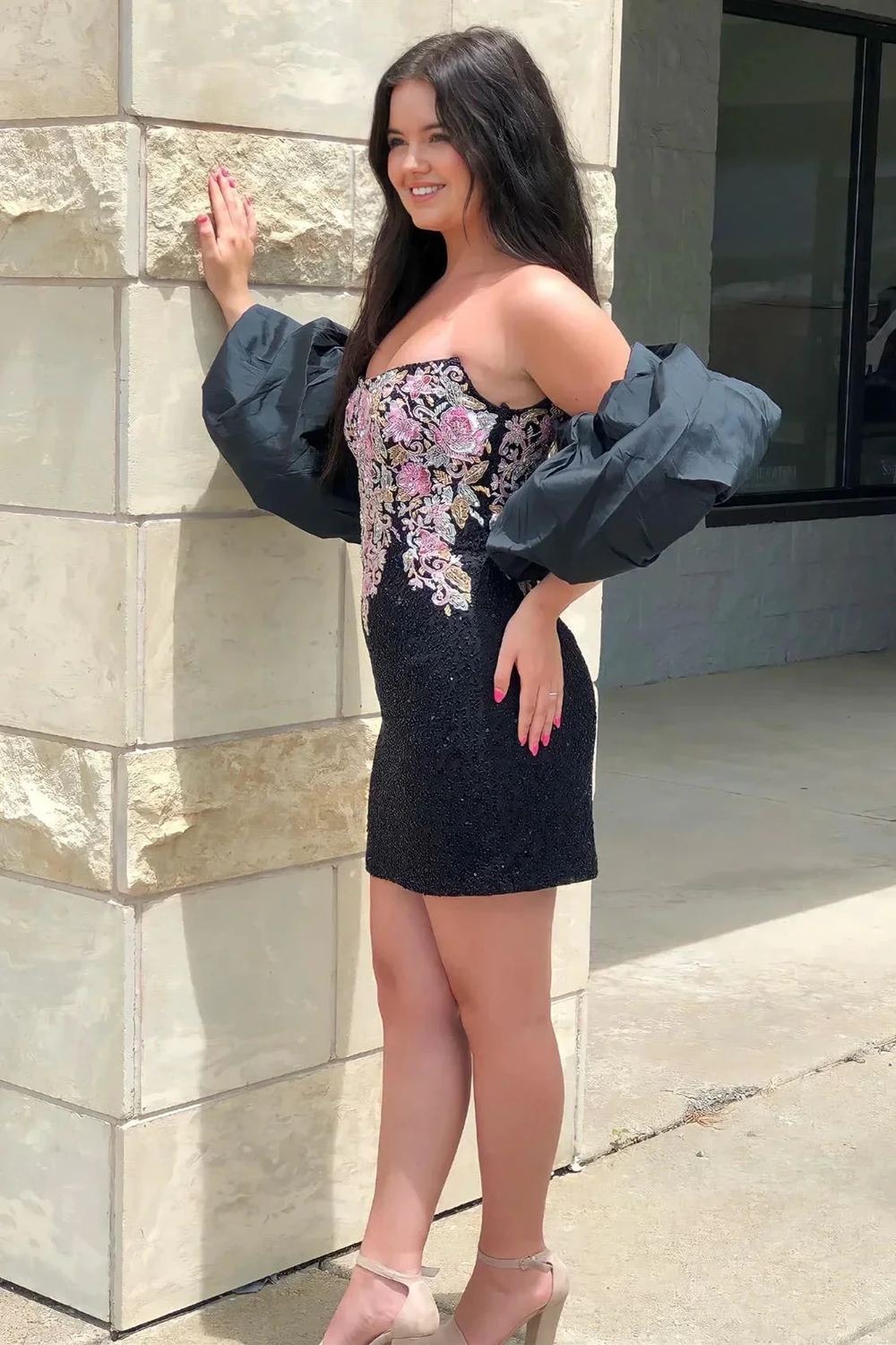 Black Strapless Appliques Beaded Homecoming Dress with Detachable Sleeves Y2823 by simplepromdress