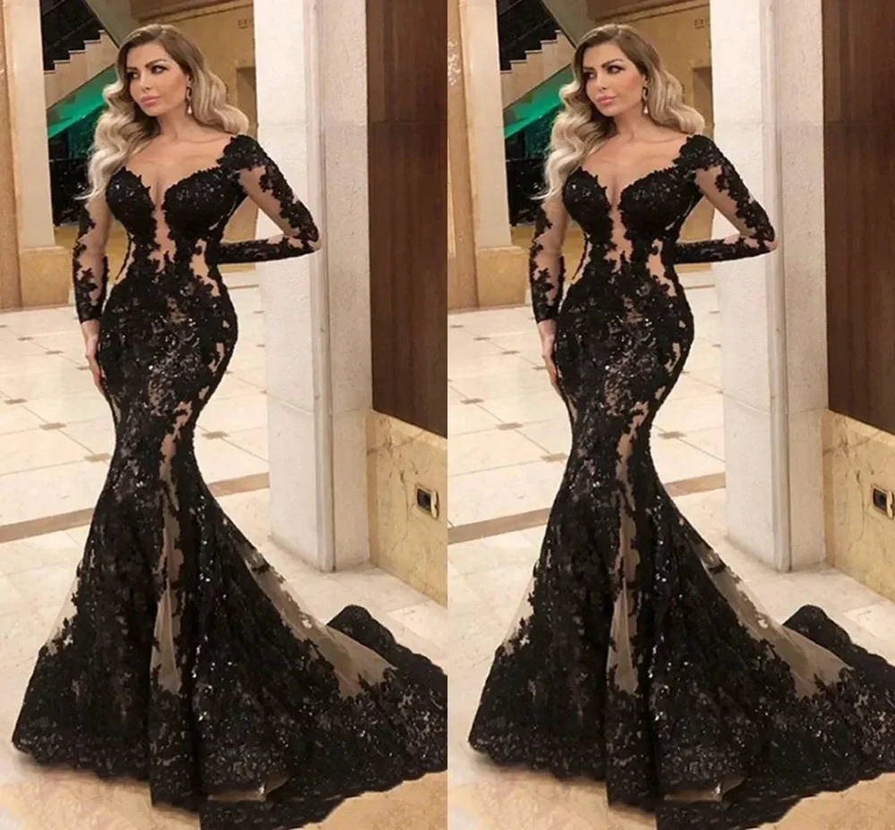 modest black prom dresses long sleeve lace appliqué elegant evening gown formal dresses S11019 by simplepromdress