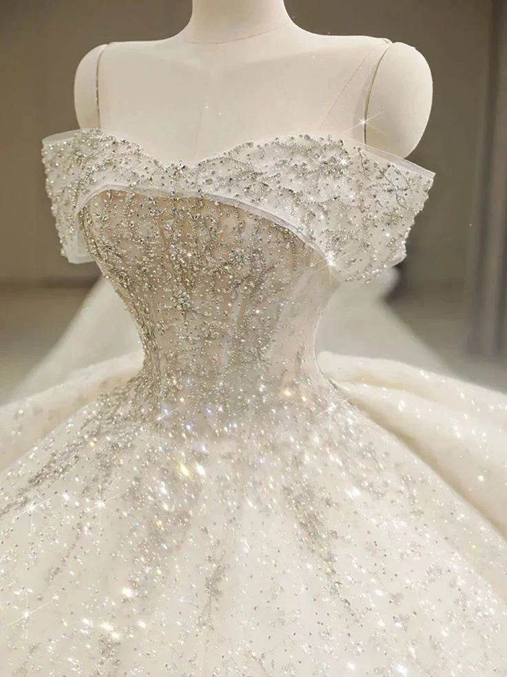 Off Shoulder Wedding Dresses, Large Trailing Princess Tail Dress, Backless White Wedding Dress Y6868 by simplepromdress