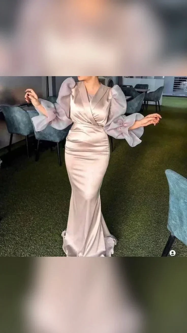 Elegant satin gown with puff sleeves in modern lounge, ZAPDRESS fashion