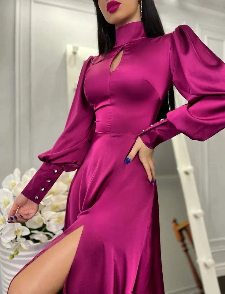 A-line Puff Sleeves Long Evening Dress With Split Y7015 by simplepromdress