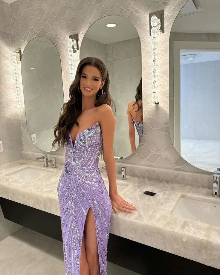 Lavender V Neck Sheath Slit Long Prom Evening Dress Y7898 by simplepromdress