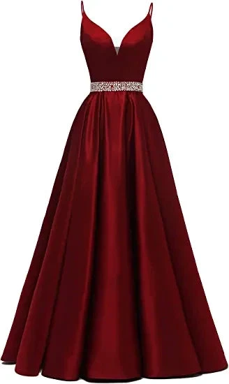 A-line Spaghetti Straps V Neck Prom Dress,Burgundy Satin Evening Dress Y1272 by simplepromdress