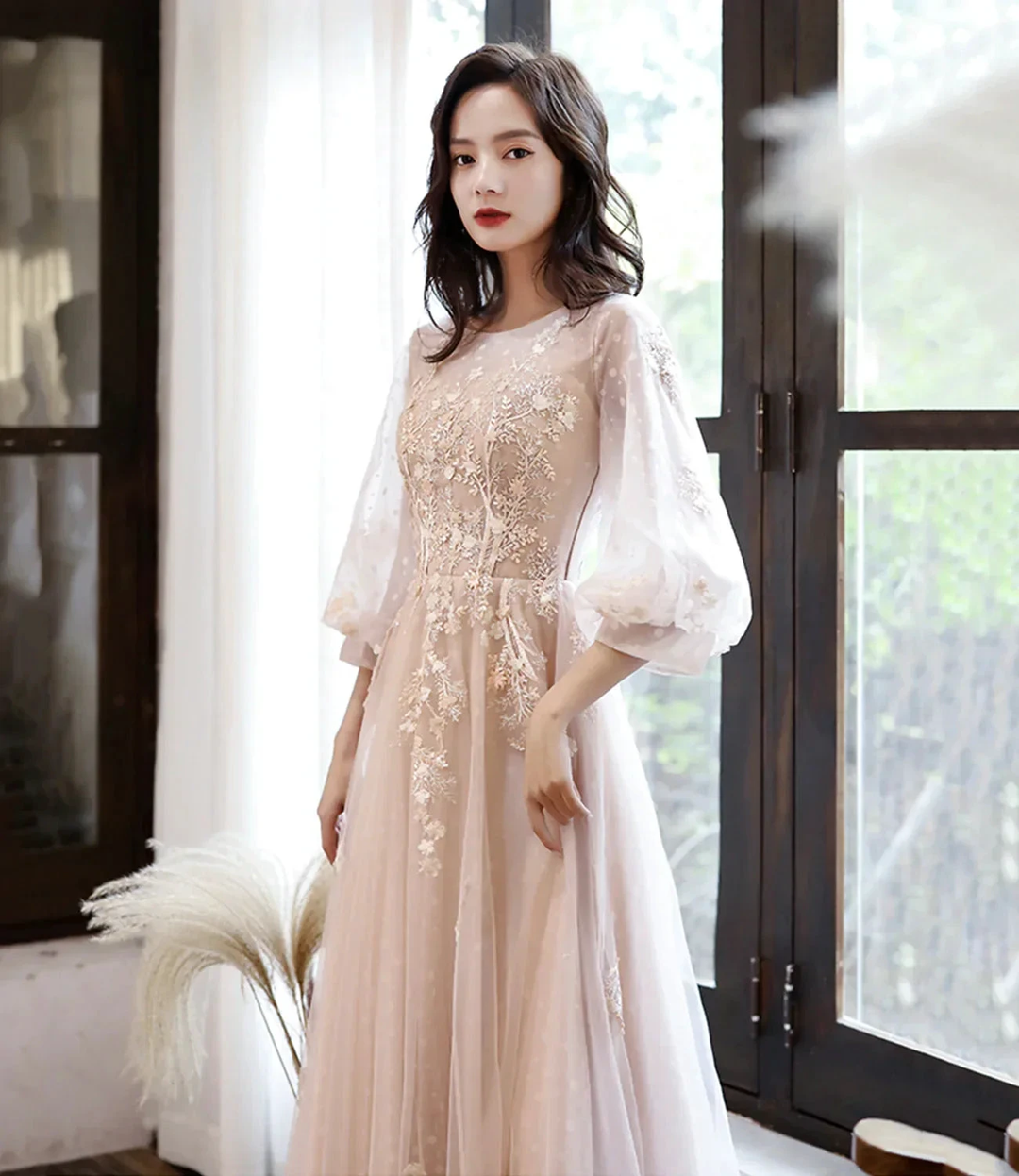 Cute tulle lace long prom dress A line evening dress Y1291 by simplepromdress