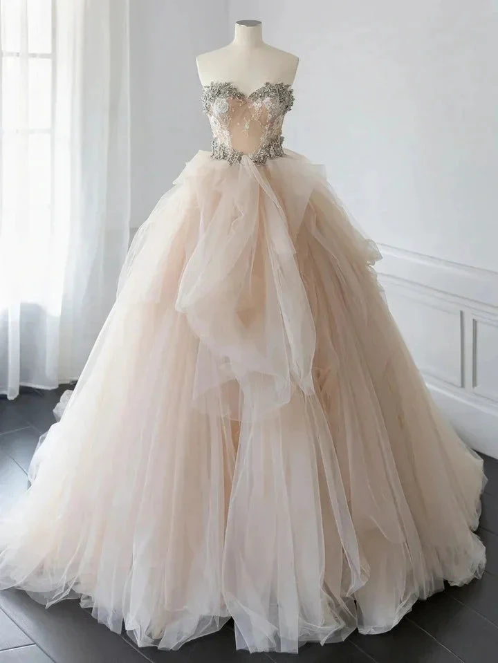 Beautiful Champagne Tulle Beaded Ball Gown Sweet Wedding Dress Y7744 by simplepromdress
