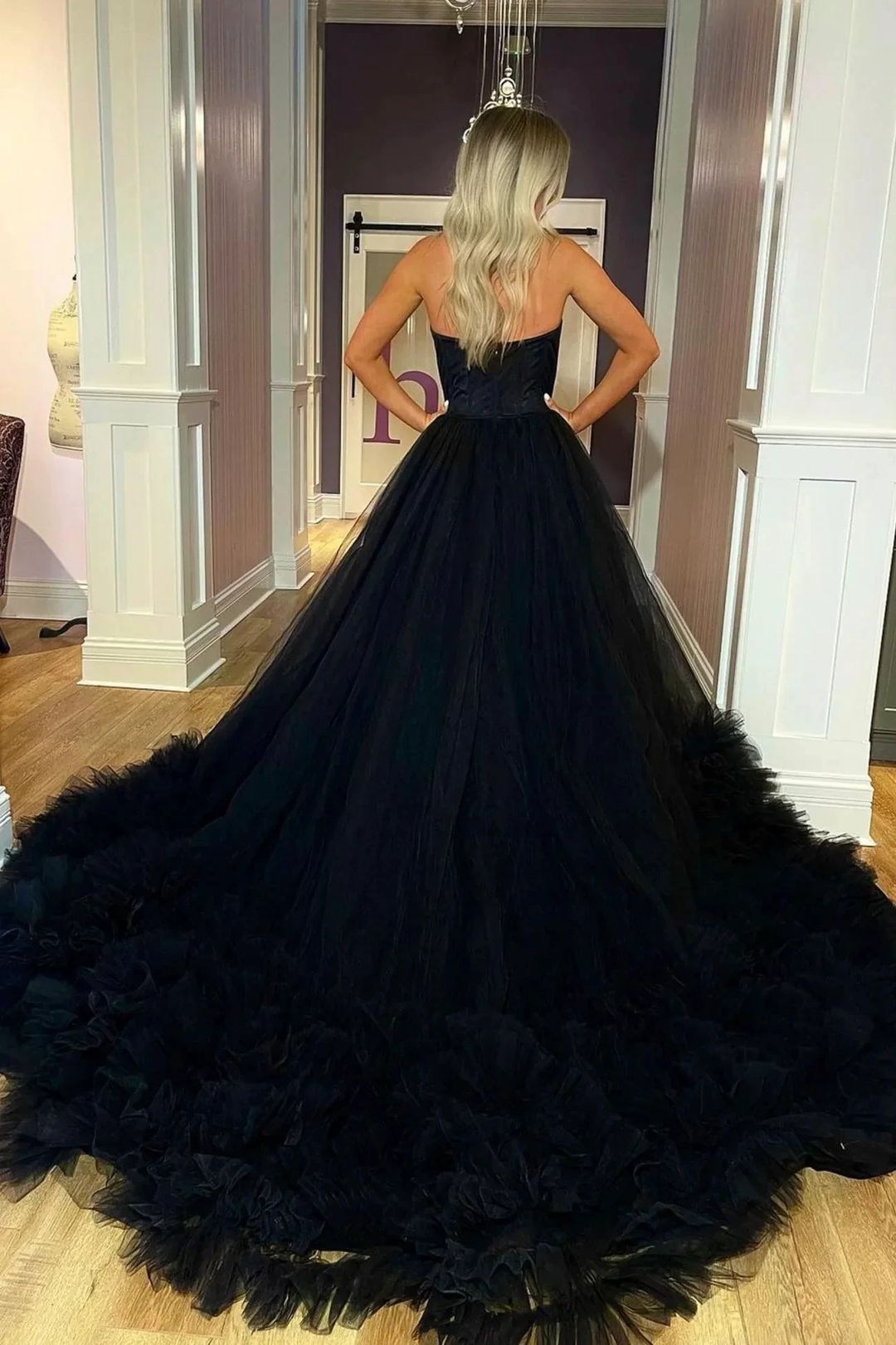 Black Strapless Tulle Long Ball Gown, A-Line Evening Dress Y1797 by simplepromdress