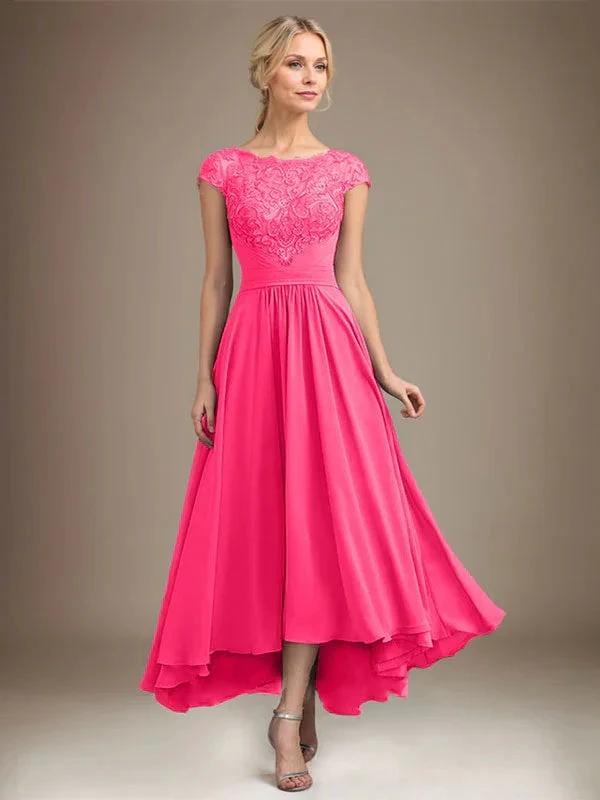 A-line Scoop Illusion Asymmetrical Lace Chiffon Mother of the Bride Dress With Pleated by Dreamylily