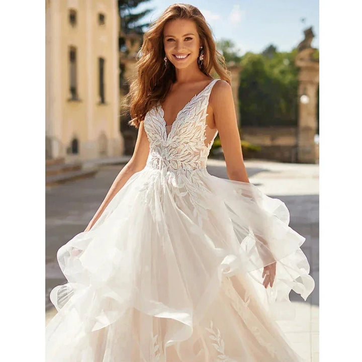 Wedding Dresses 2023 Bohemia A-line Sexy V-neck Pleated Backless Button Bridal Gowns Women&