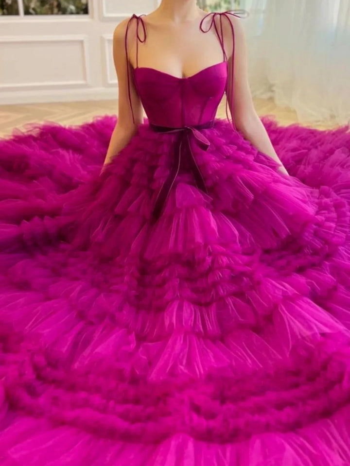 Blair |A Line Strapless Fuchsia Tiered Long Tulle Prom Dress by KissProm