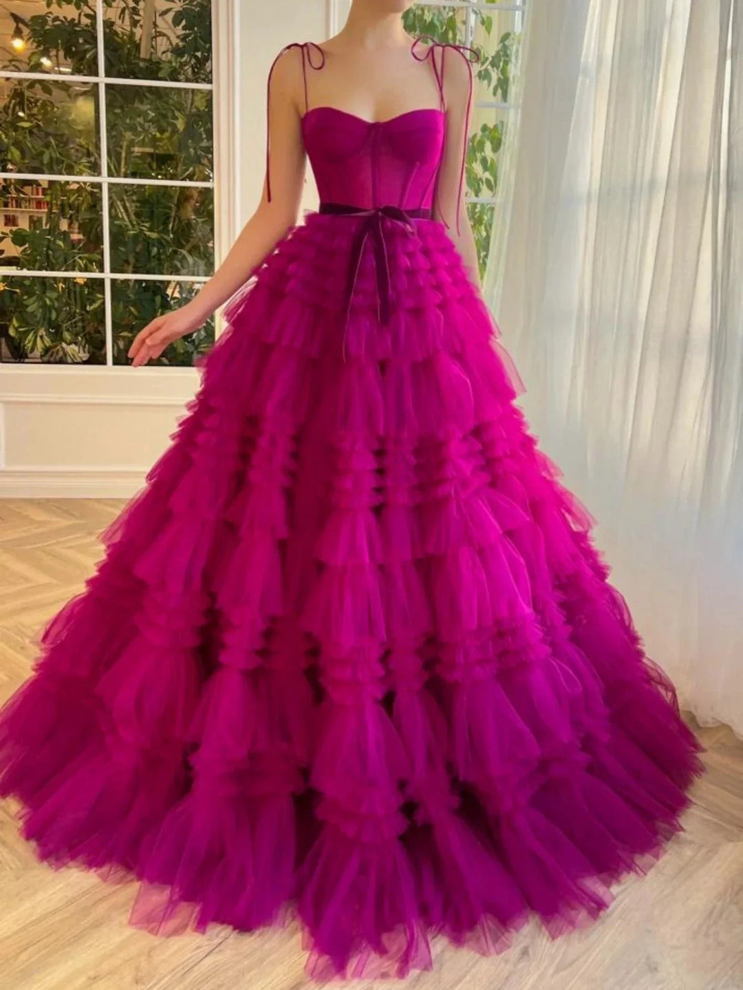 Blair |A Line Strapless Fuchsia Tiered Long Tulle Prom Dress by KissProm