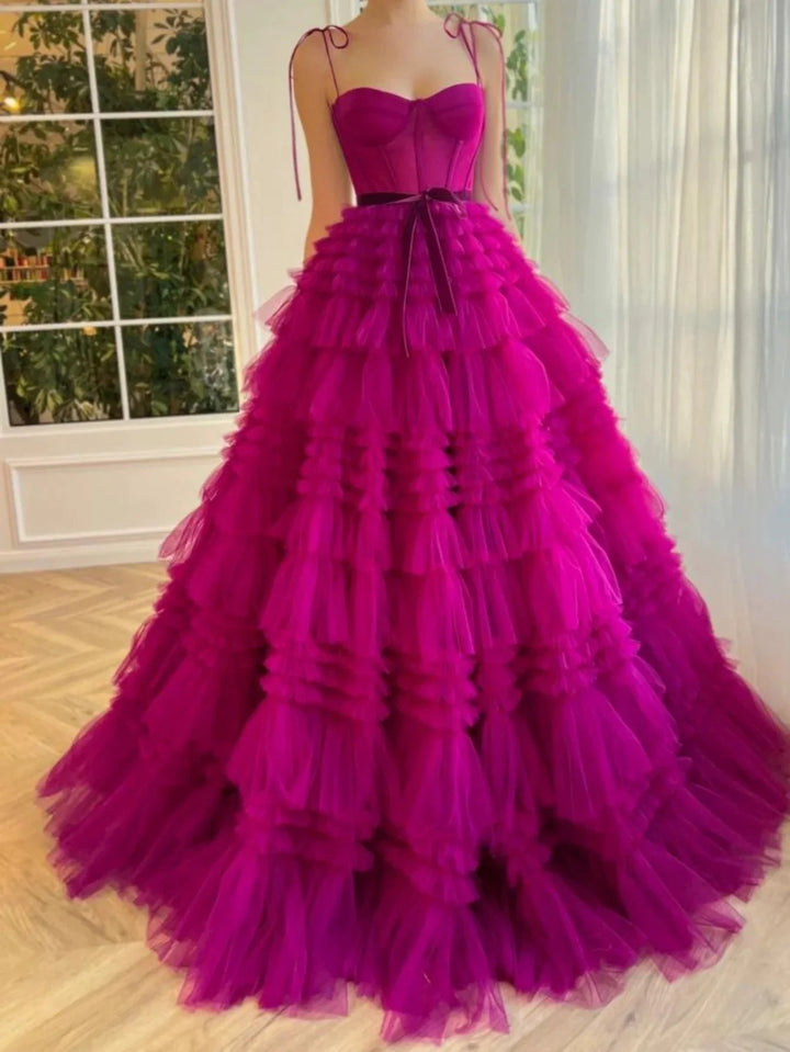 Blair |A Line Strapless Fuchsia Tiered Long Tulle Prom Dress by KissProm