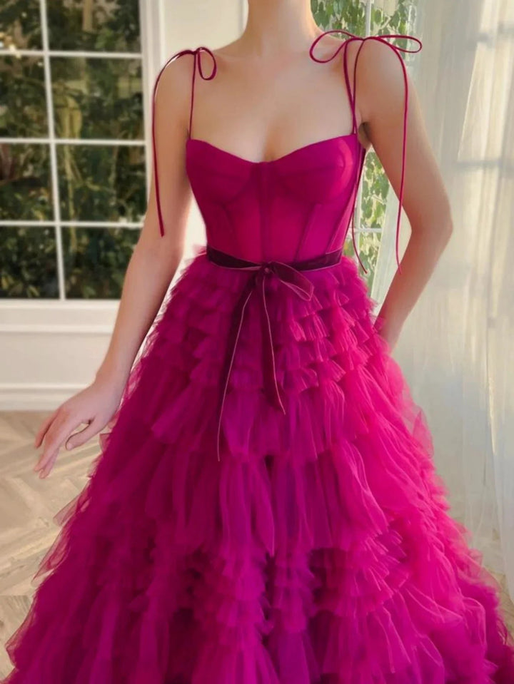 Blair |A Line Strapless Fuchsia Tiered Long Tulle Prom Dress by KissProm
