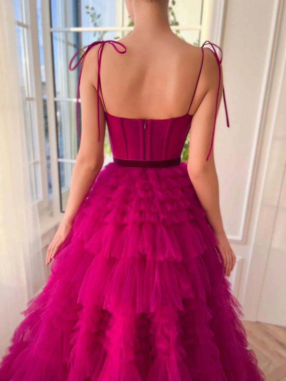 Blair |A Line Strapless Fuchsia Tiered Long Tulle Prom Dress by KissProm