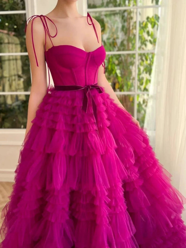 Blair |A Line Strapless Fuchsia Tiered Long Tulle Prom Dress by KissProm