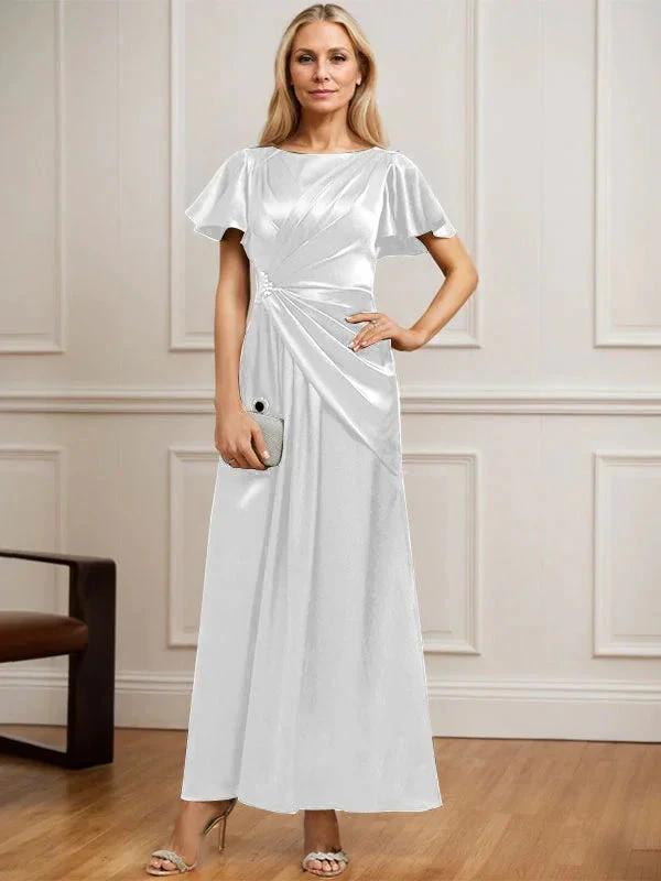 A-line Scoop Ankle-Length Stretch Satin Mother of the Bride Dress With Pleated Beading by Dreamylily