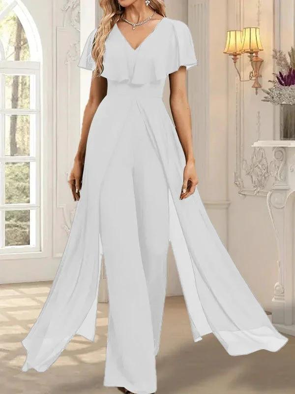 Jumpsuit/Pantsuit V-Neck Floor-Length Chiffon Evening Dress by Dreamylily