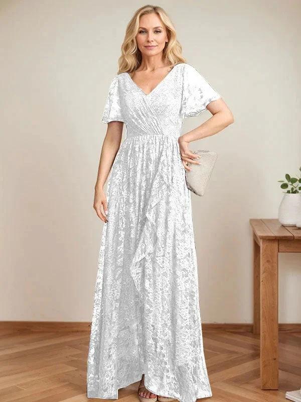 A-Line V-Neck Asymmetrical Lace Mother of the Bride Dress With Cascading Ruffles by Dreamylily