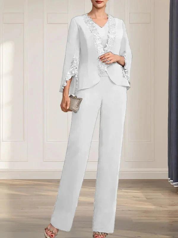 Separates Jumpsuit/Pantsuit V-Neck Floor-Length Chiffon Mother of the Bride Dress by Dreamylily