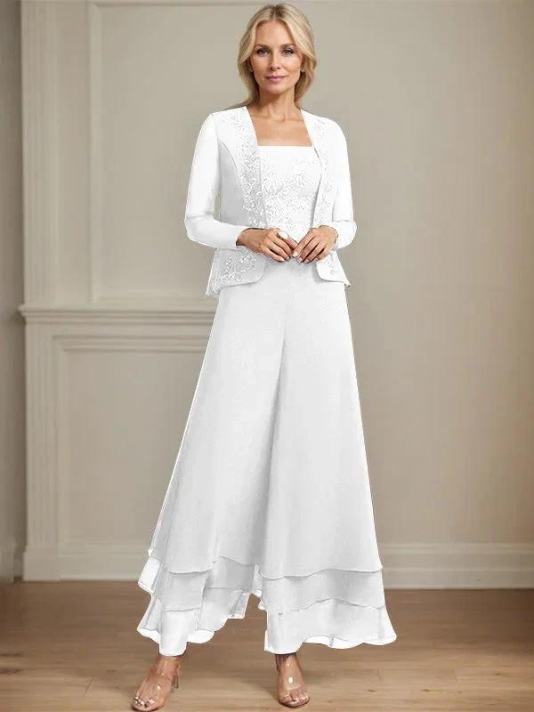 Separates Jumpsuit/Pantsuit Square Ankle-Length Lace Chiffon Mother of the Bride Dress With Sequins by Dreamylily