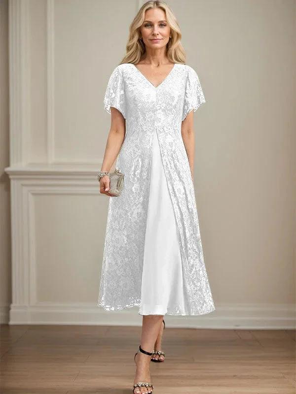 A-line V-Neck Tea-Length Lace Chiffon Mother of the Bride Dress by Dreamylily