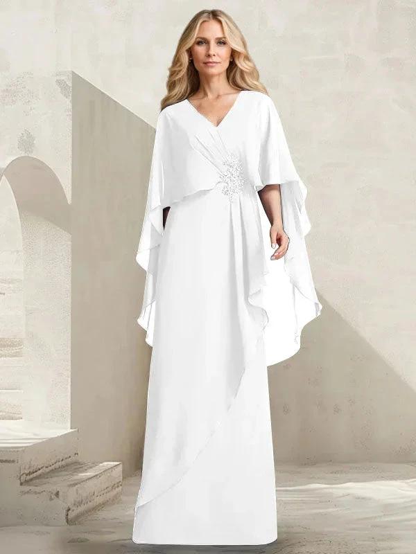 A-line V-Neck Floor-Length Chiffon Mother of the Bride Dress With Cascading Ruffles Beading by Dreamylily