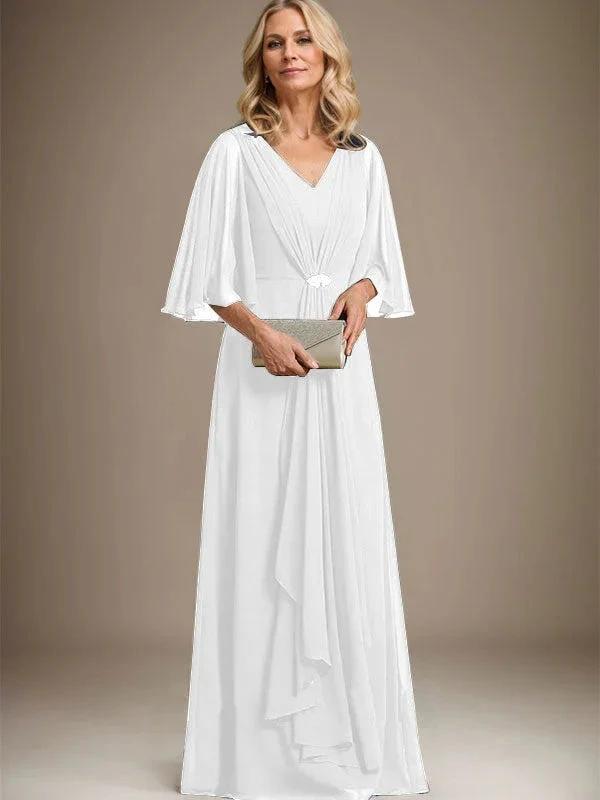 A-line V-Neck Floor-Length Chiffon Mother of the Bride Dress With Cascading Ruffles Crystal Brooch by Dreamylily
