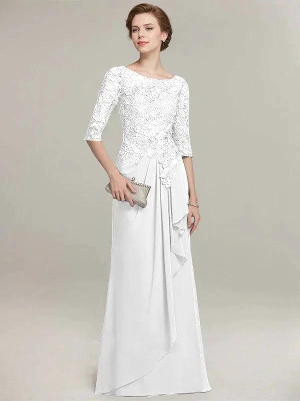 A-line Scoop Illusion Floor-Length Lace Chiffon Mother of the Bride Dress With Cascading Ruffles by Dreamylily