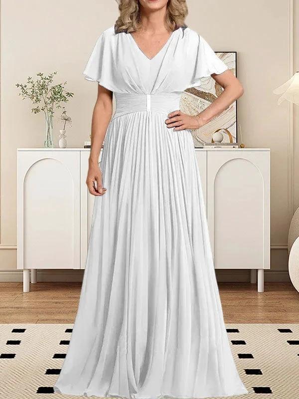 A-line V-Neck Floor-Length Chiffon Mother of the Bride Dress With Crystal Brooch Pleated by Dreamylily