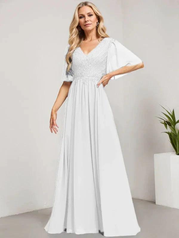 A-line V-Neck Floor-Length Lace Chiffon Mother of the Bride Dress With Sequins by Dreamylily